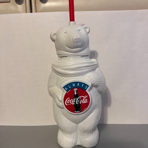 Vintage **Always Coca Cola** White Plastic Polar Bear Drinking Bottle & Straw